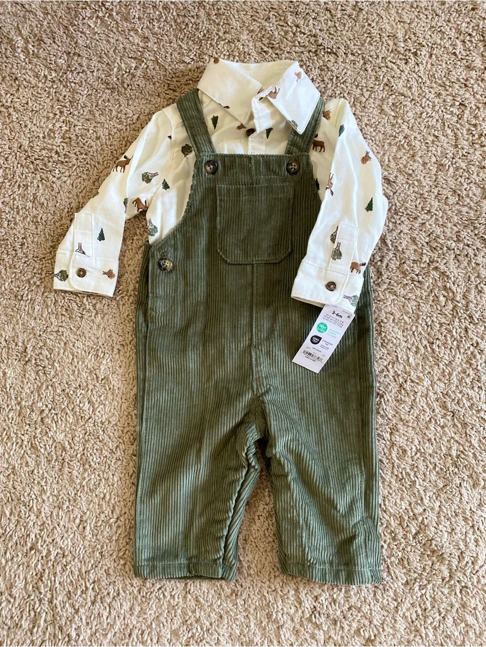 Carters boys green corduroy collared overall set 3-6 months New